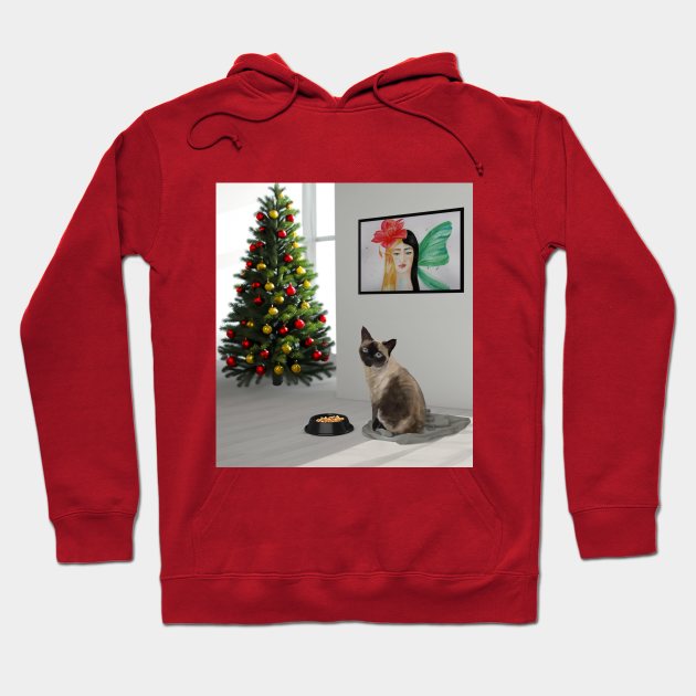 Siamese cat sitting in the white room with food and Christmas tree Hoodie by Ammi